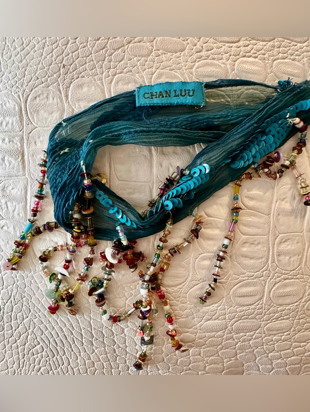 Vintage Chan Luu Silk Chiffon Skinny Scarf with Multifaceted Beads and Sequins